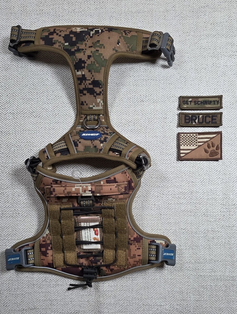 Auroth Tactical Dog Harness Digital Camo Large Medium with 3 Custom Patches Bruc